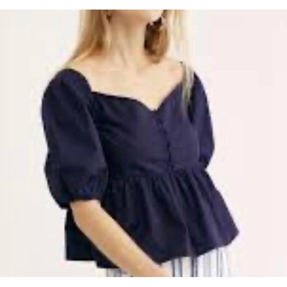 Free People Veronica Sweetheart Top Navy Blue Peplum Cropped Blouse Small